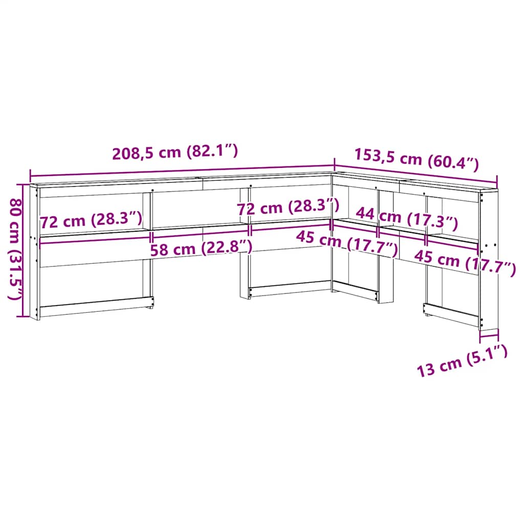 Boekenkast Hoofdeinde L-vormig 135 cm grenenhout wasbruin