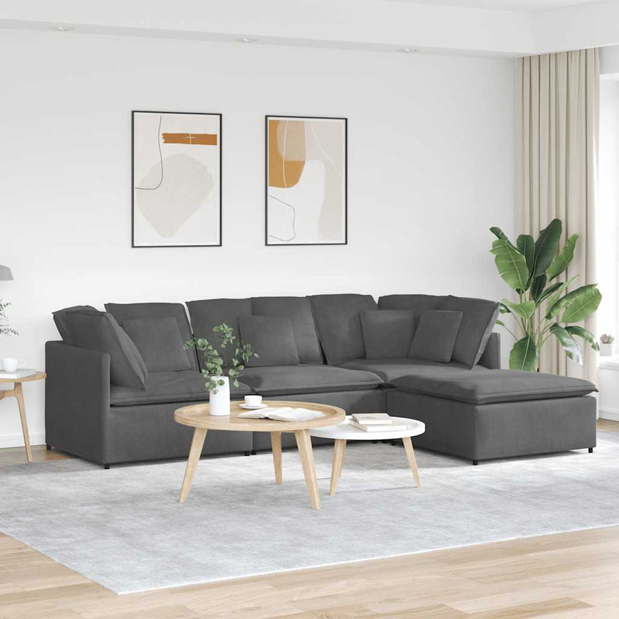 Modulaire Bank Met Voetenbank&Kussens Corduroy Stof Donkergrijs