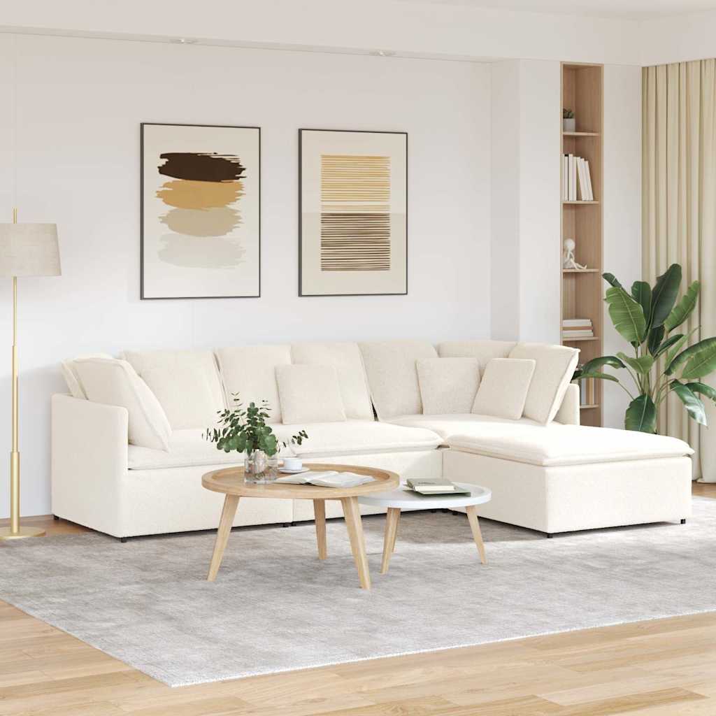 Modulaire Bank Met Voetenbank&Kussens Gekrulde Wolachtige Stof Crème