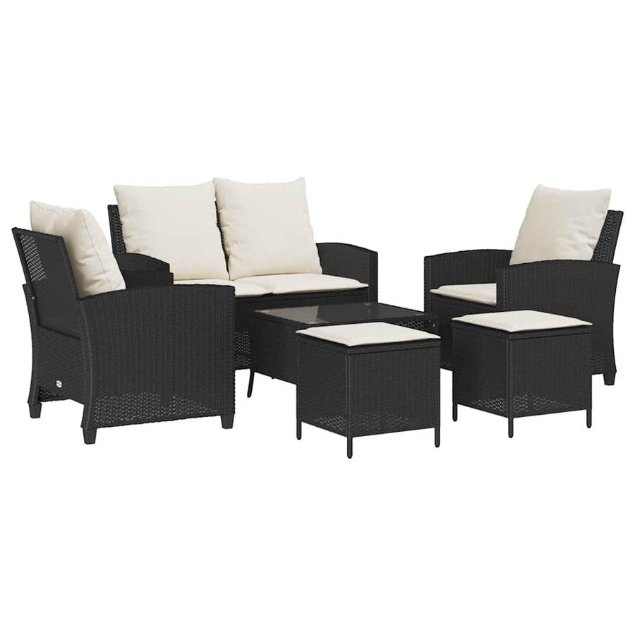 6-Delige Loungeset Met Kussens Poly Rattan Zwart en crème Glas