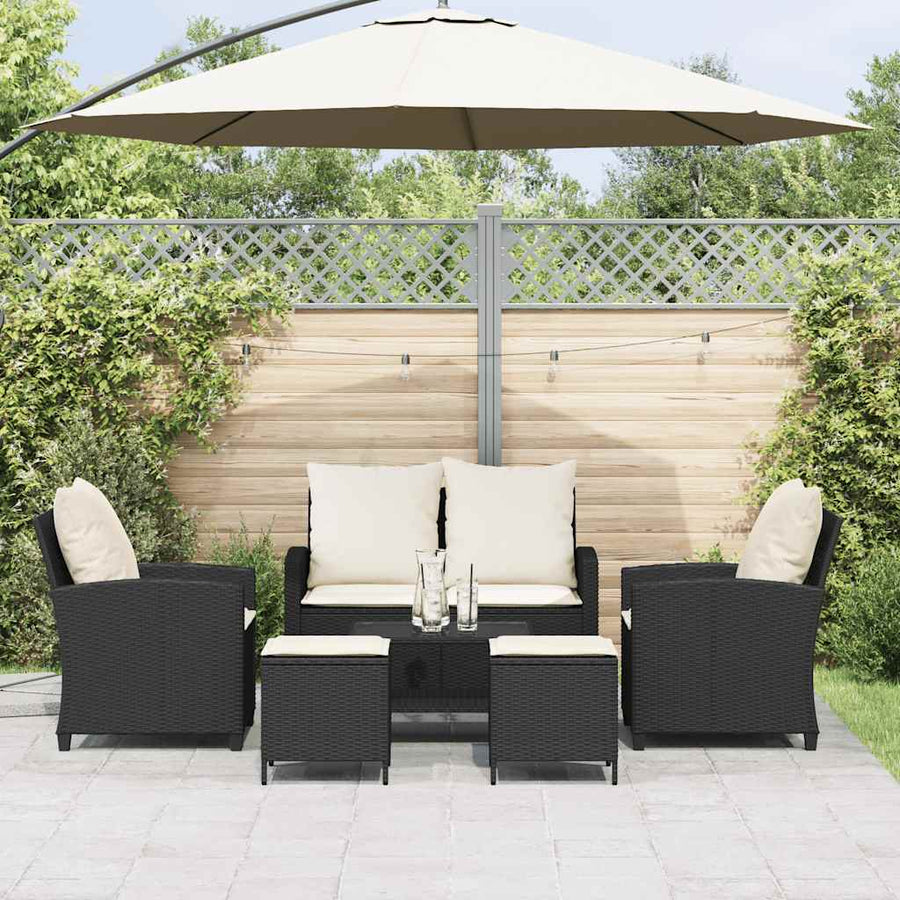 6-Delige Loungeset Met Kussens Poly Rattan Zwart en crème Glas