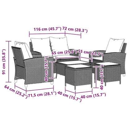 6-Delige Loungeset Met Kussens Poly Rattan Zwart en crème Glas