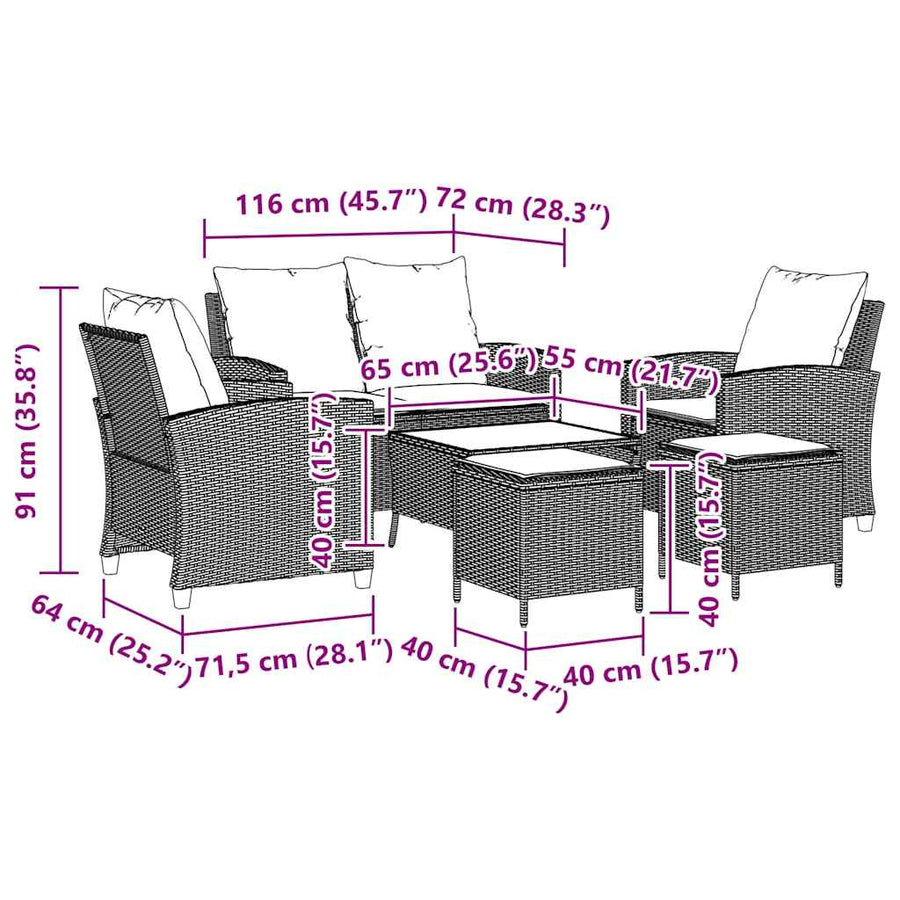 6-Delige Loungeset Met Kussens Poly Rattan Zwart en crème Glas
