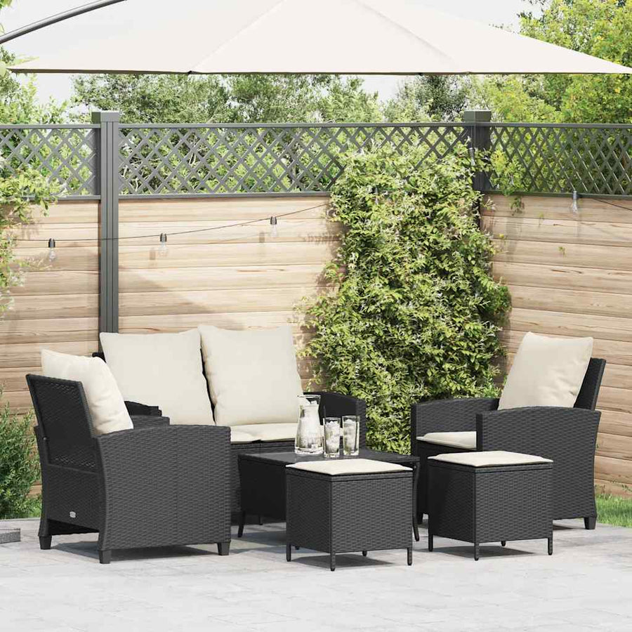 6-Delige Loungeset Met Kussens Poly Rattan Zwart en crème Glas