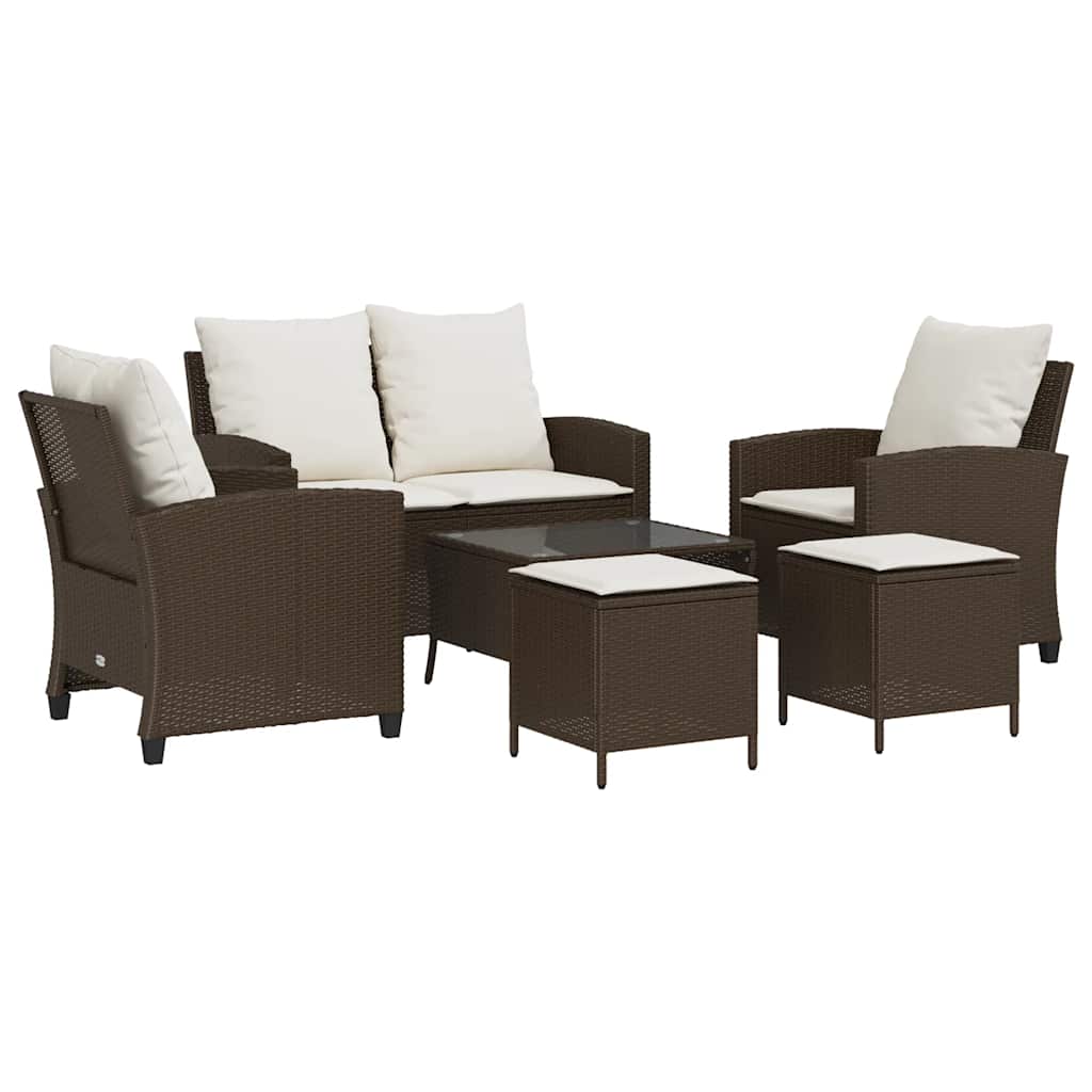 6-Delige Loungeset Met Kussens Poly Rattan Bruin en crème Glas