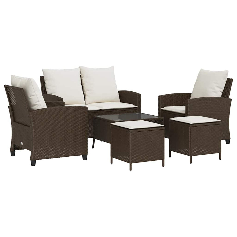 6-Delige Loungeset Met Kussens Poly Rattan Bruin en crème Glas