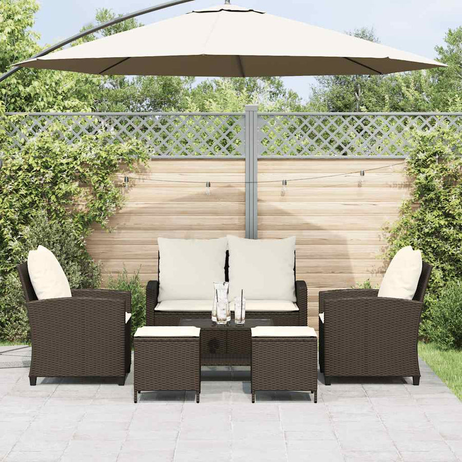 6-Delige Loungeset Met Kussens Poly Rattan Bruin en crème Glas