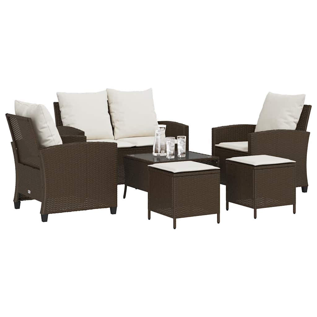 6-Delige Loungeset Met Kussens Poly Rattan Bruin en crème Glas