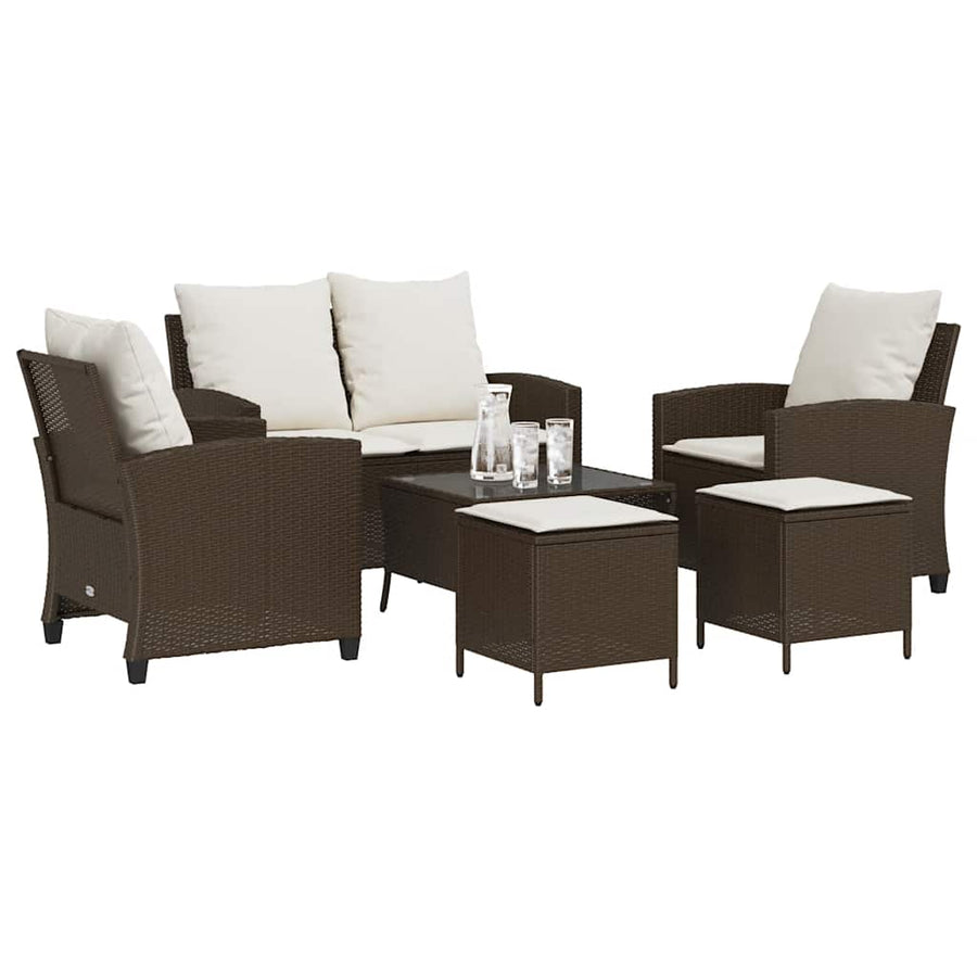 6-Delige Loungeset Met Kussens Poly Rattan Bruin en crème Glas
