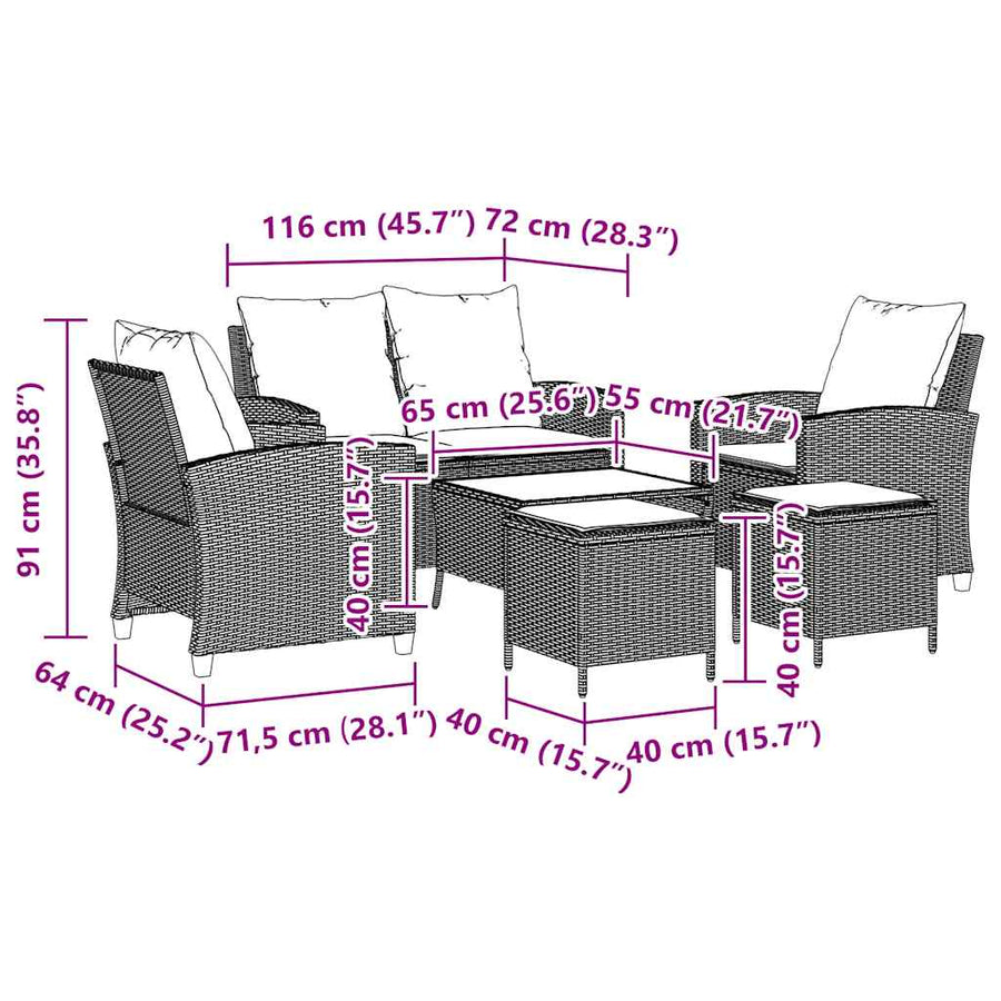 6-Delige Loungeset Met Kussens Poly Rattan Grijs Glas
