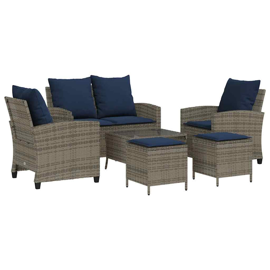 6-Delige Loungeset Met Kussens Poly Rattan Grijs en blauw Glas