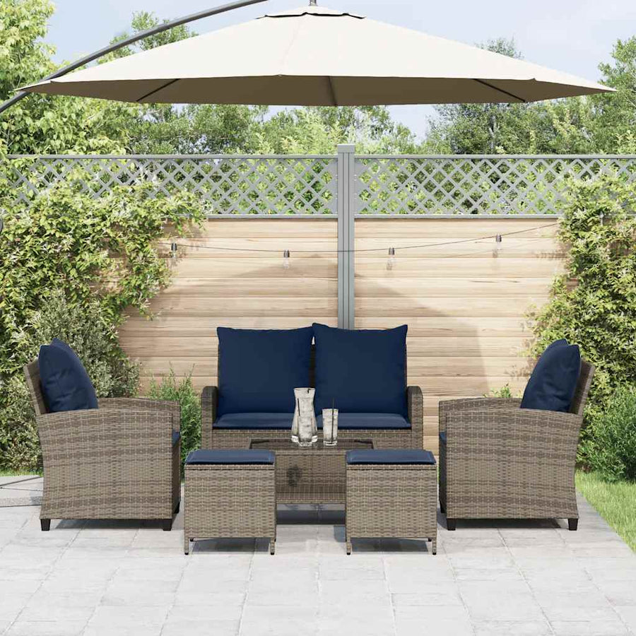6-Delige Loungeset Met Kussens Poly Rattan Grijs en blauw Glas