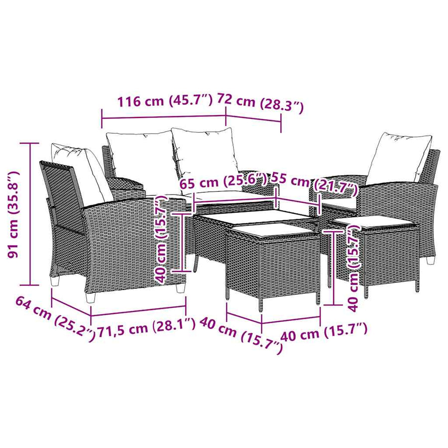 6-Delige Loungeset Met Kussens Poly Rattan Grijs en blauw Glas