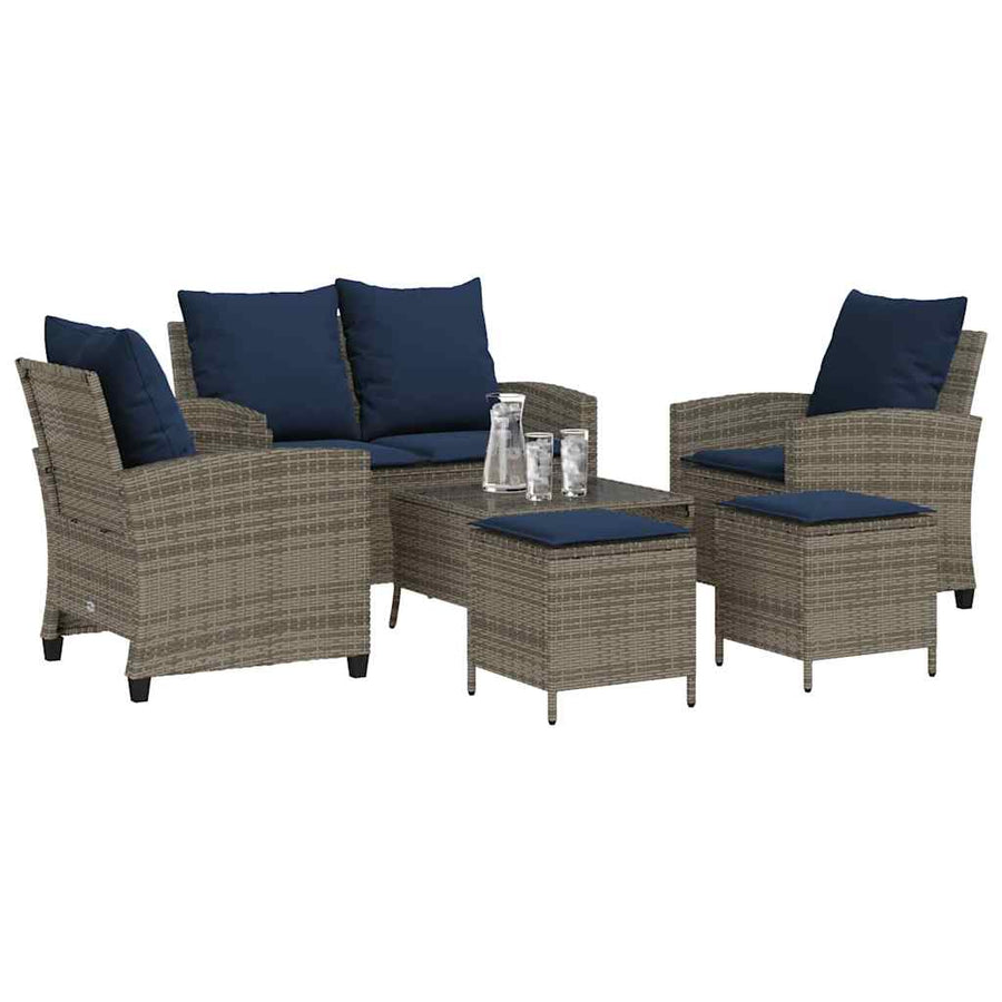 6-Delige Loungeset Met Kussens Poly Rattan Grijs en blauw Glas