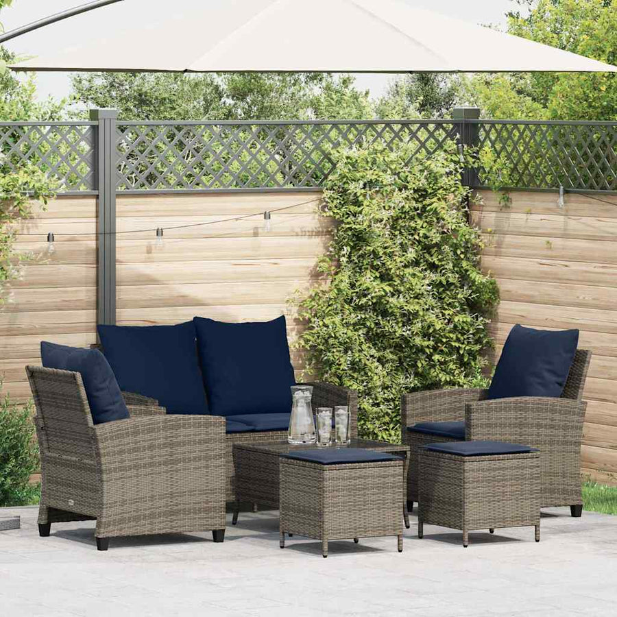 6-Delige Loungeset Met Kussens Poly Rattan Grijs en blauw Glas