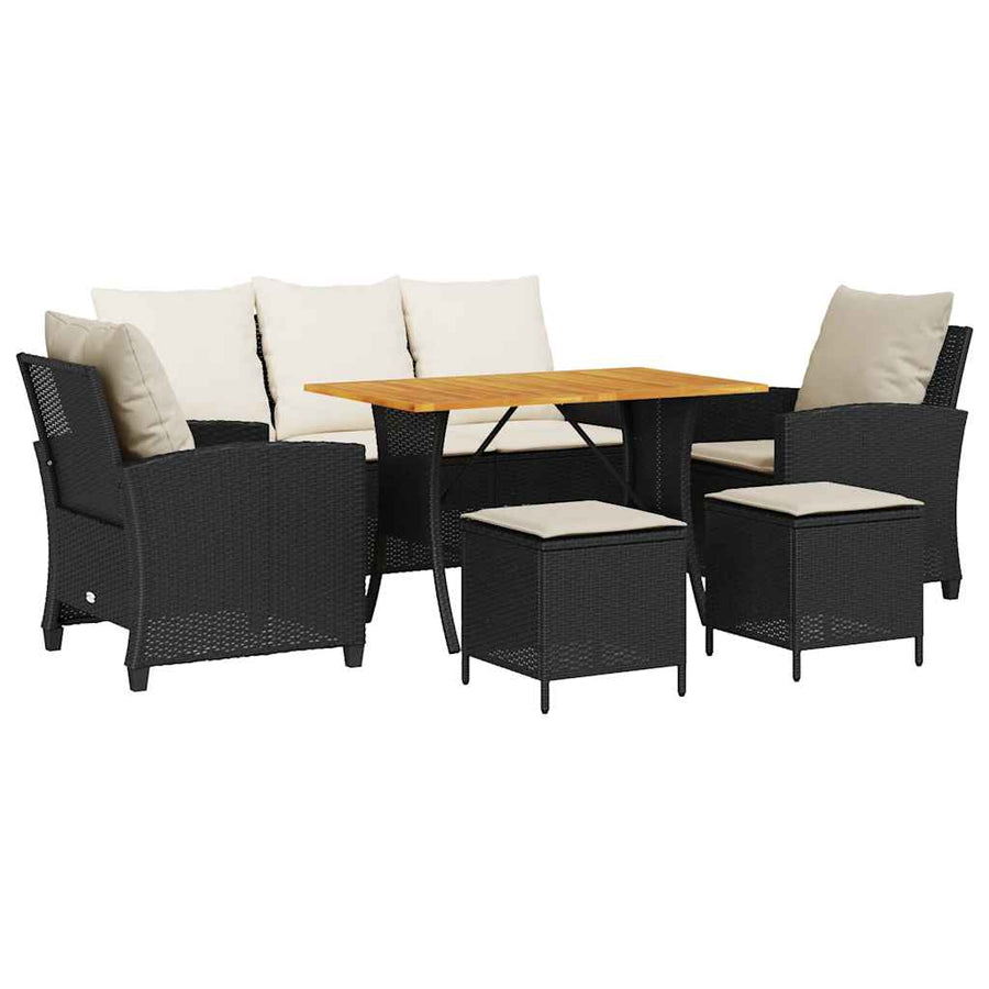 6-Delige Loungeset Met Kussens Poly Rattan Zwart en crème Hout