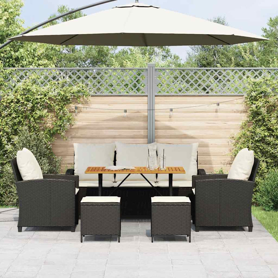 6-Delige Loungeset Met Kussens Poly Rattan Zwart en crème Hout