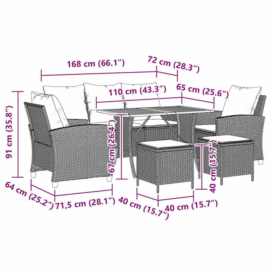 6-Delige Loungeset Met Kussens Poly Rattan Zwart en crème Hout