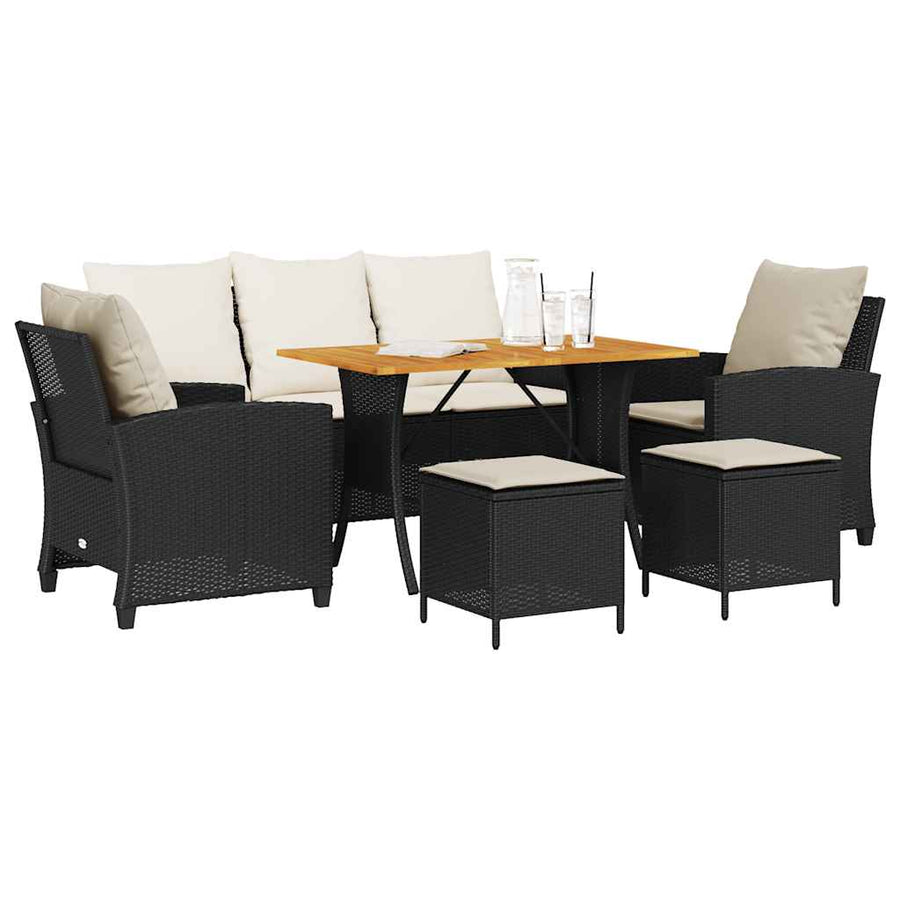 6-Delige Loungeset Met Kussens Poly Rattan Zwart en crème Hout