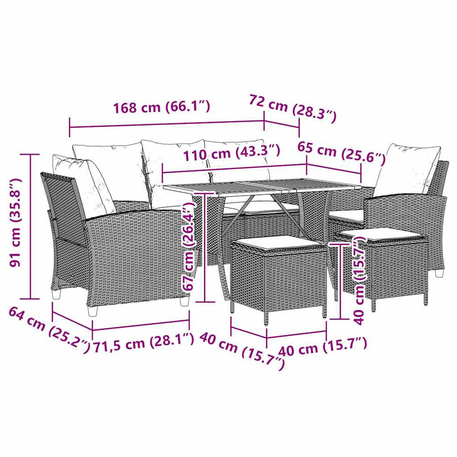 6-Delige Loungeset Met Kussens Poly Rattan Beige en grijs Hout