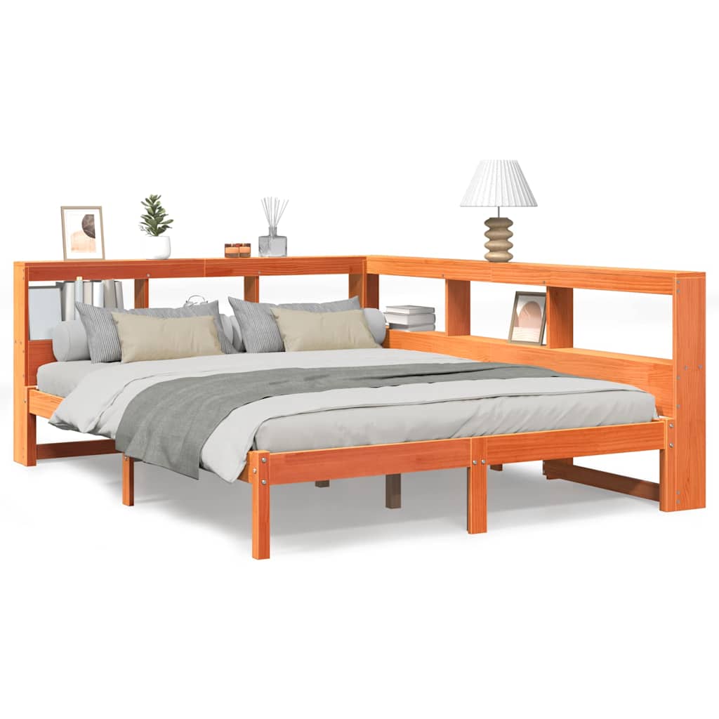 Bed met boekenkast zonder matras grenenhout wasbruin 160x200 cm