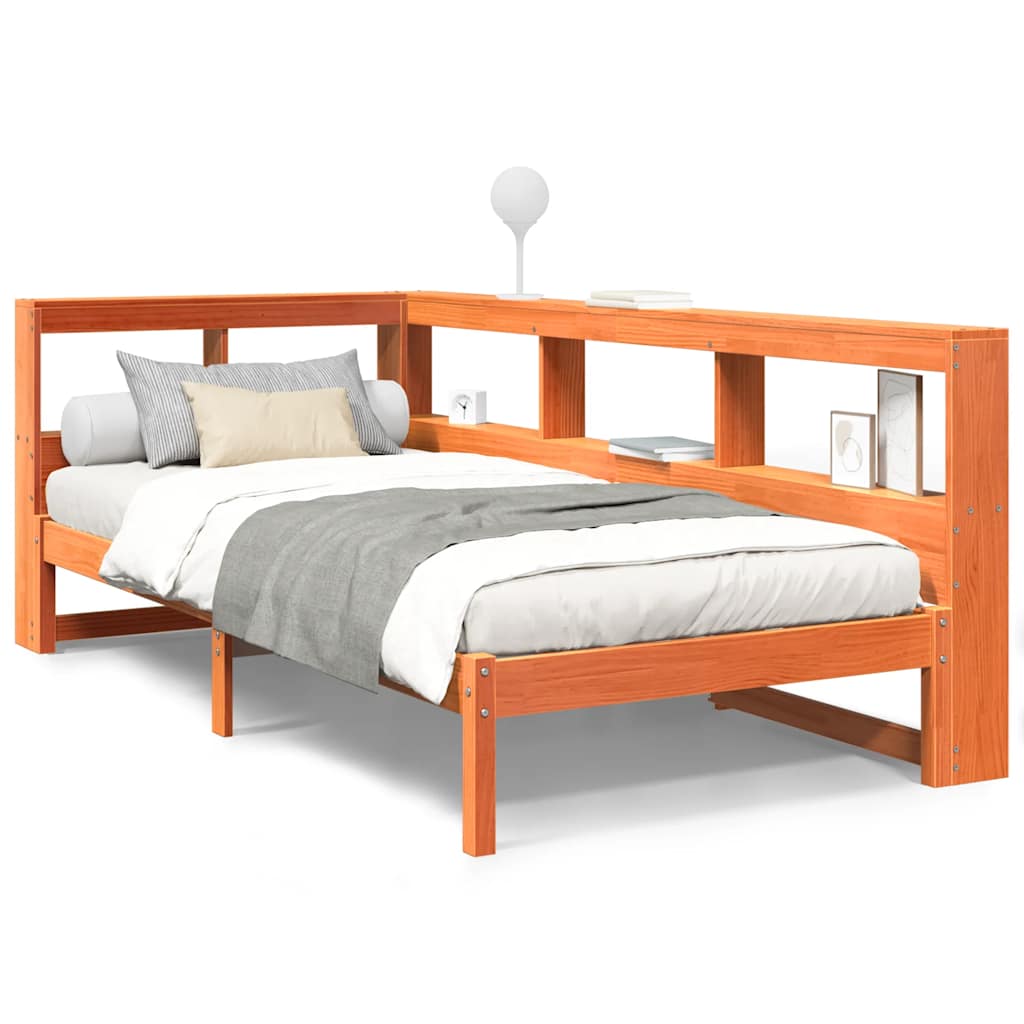 Bed met boekenkast zonder matras grenenhout wasbruin 75x190 cm