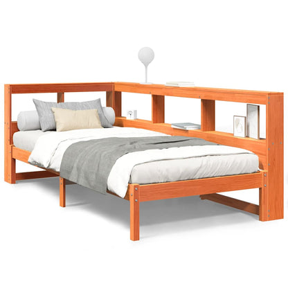 Bed met boekenkast zonder matras grenenhout wasbruin 75x190 cm
