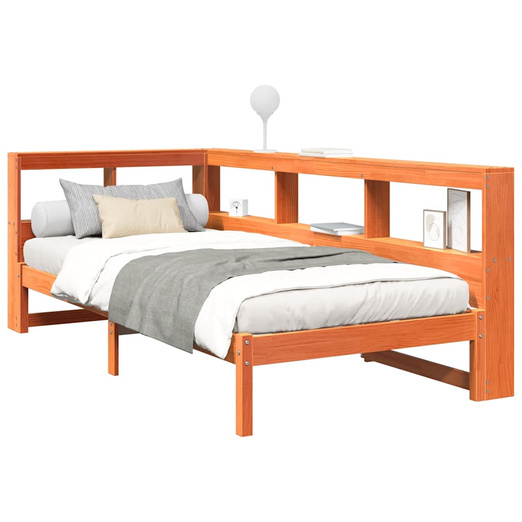 Bed met boekenkast zonder matras grenenhout wasbruin 75x190 cm