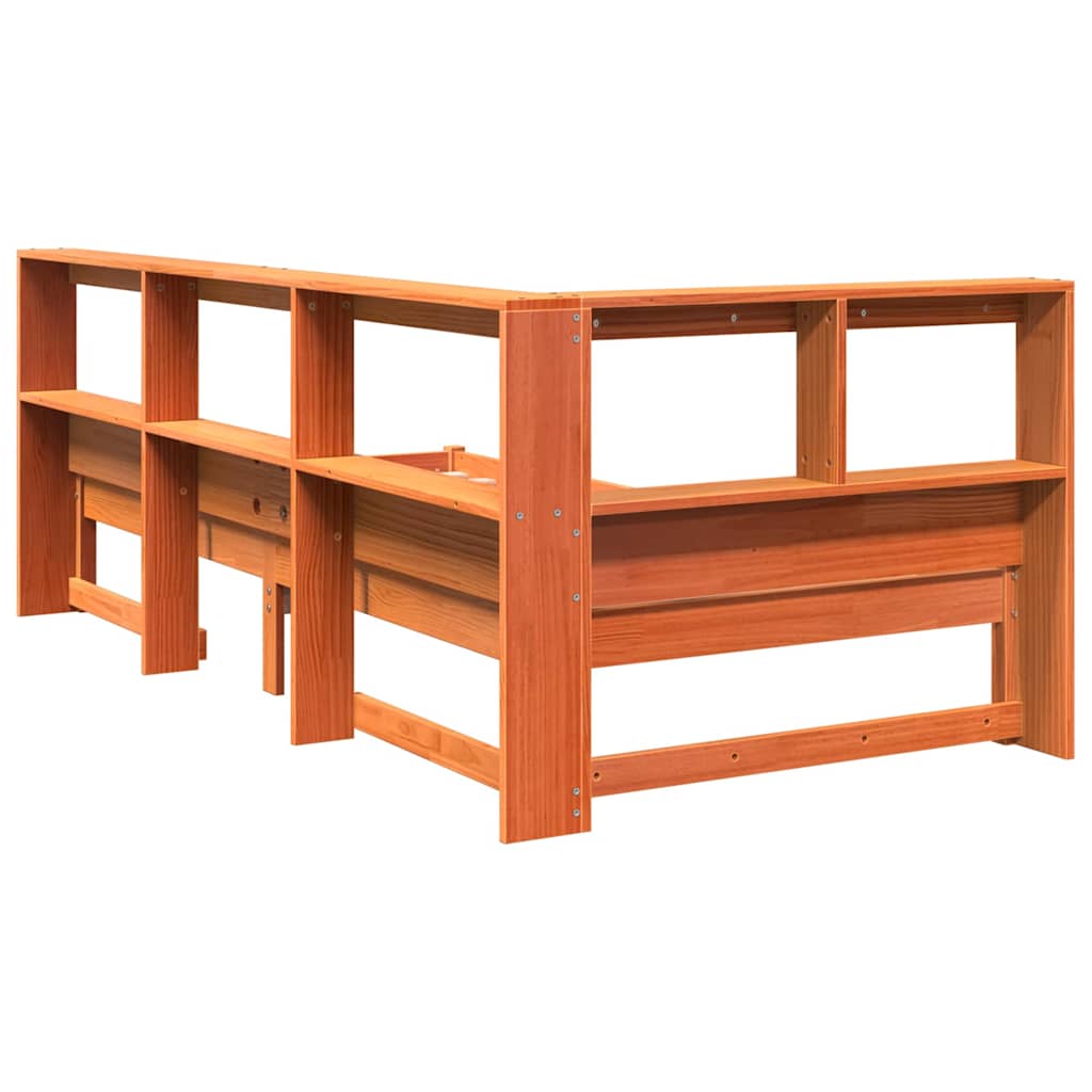 Bed met boekenkast zonder matras grenenhout wasbruin 75x190 cm