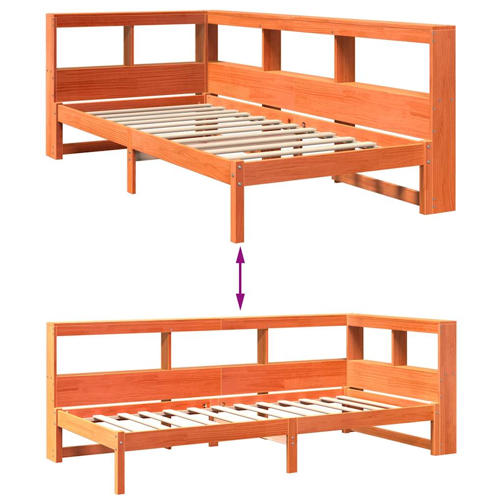 Bed met boekenkast zonder matras grenenhout wasbruin 75x190 cm