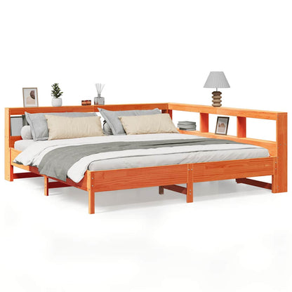 Bed met boekenkast zonder matras grenenhout wasbruin 200x200 cm