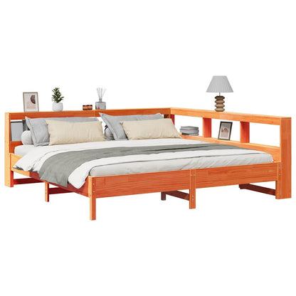 Bed met boekenkast zonder matras grenenhout wasbruin 200x200 cm