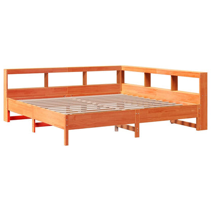 Bed met boekenkast zonder matras grenenhout wasbruin 200x200 cm