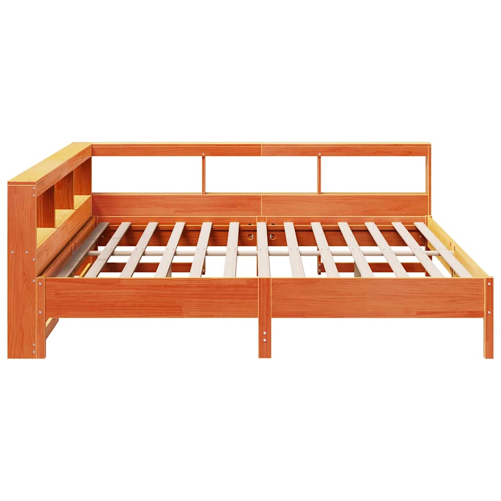 Bed met boekenkast zonder matras grenenhout wasbruin 200x200 cm