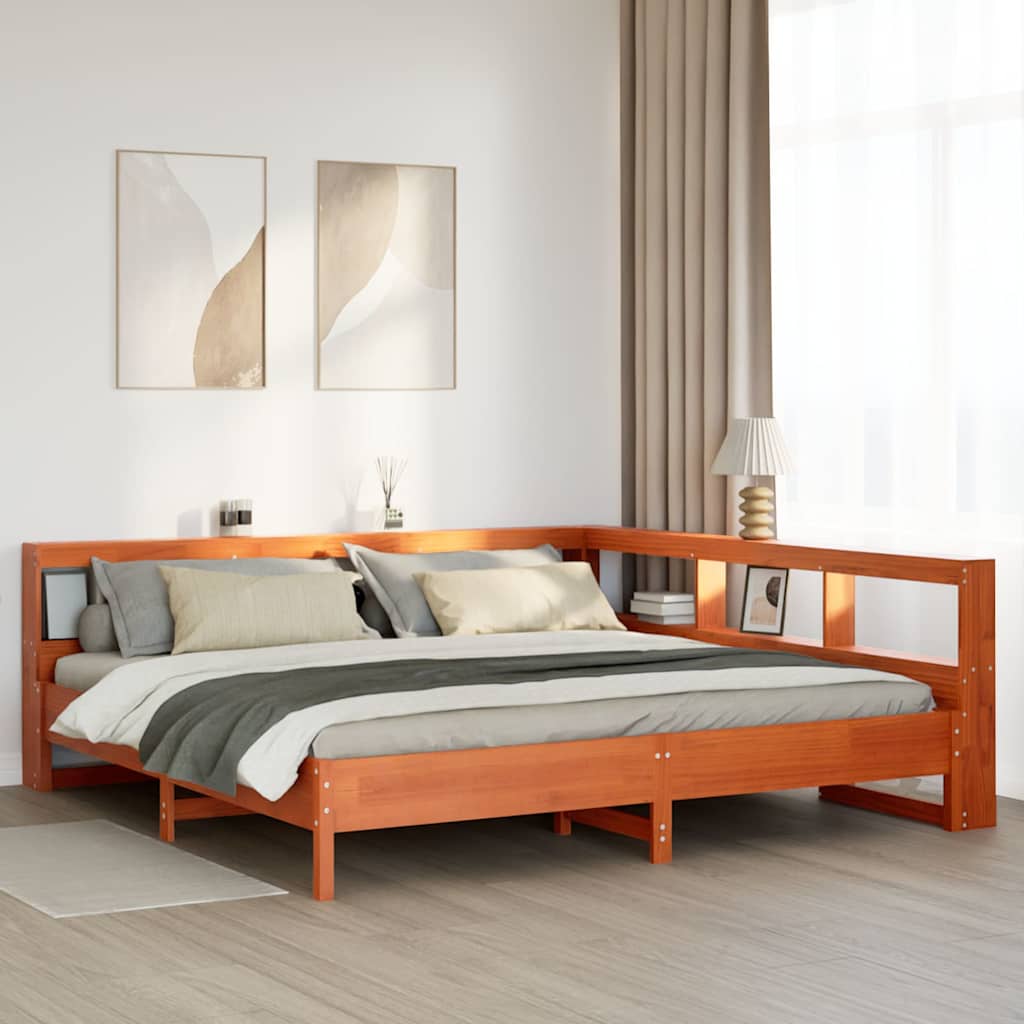 Bed met boekenkast zonder matras grenenhout wasbruin 200x200 cm