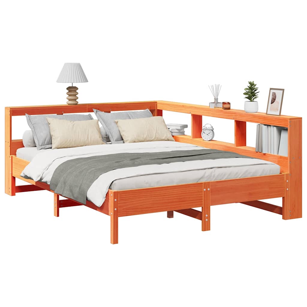 Bed met boekenkast zonder matras grenenhout wasbruin 150x200 cm