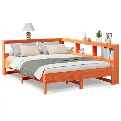 Bed met boekenkast zonder matras grenenhout wasbruin 140x200 cm