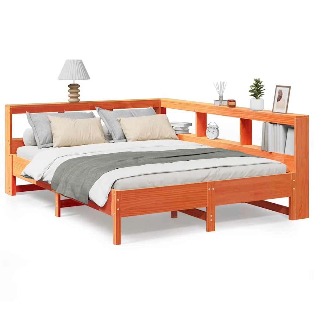 Bed met boekenkast zonder matras grenenhout wasbruin 135x190 cm