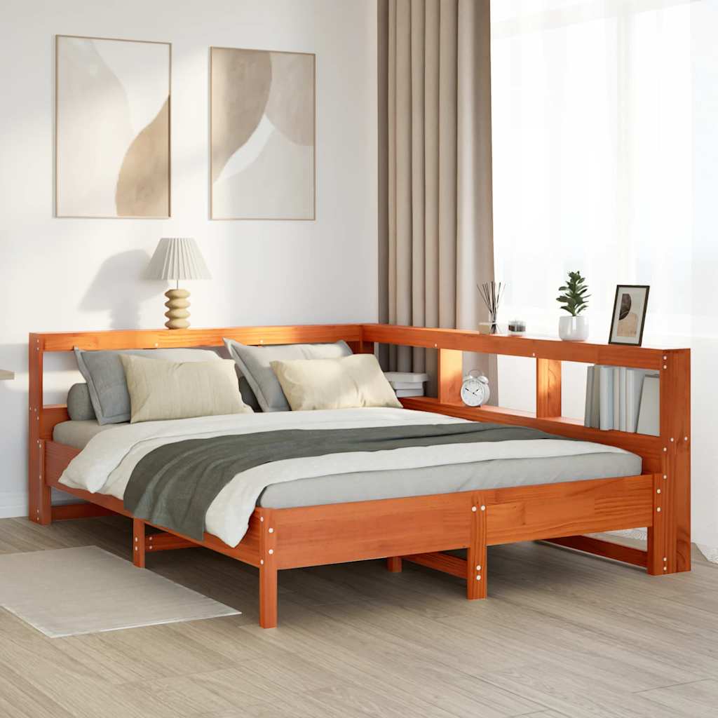 Bed met boekenkast zonder matras grenenhout wasbruin 135x190 cm