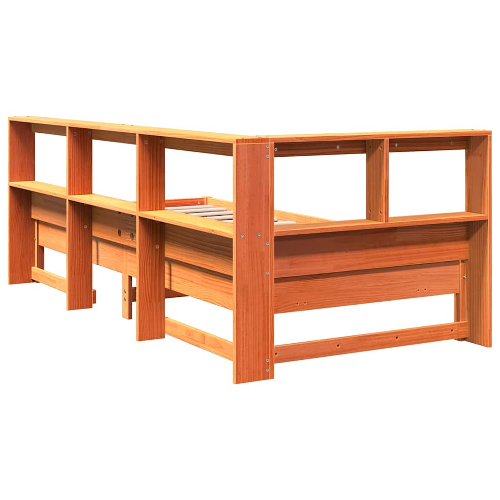Bed met boekenkast zonder matras grenenhout wasbruin 90x190 cm