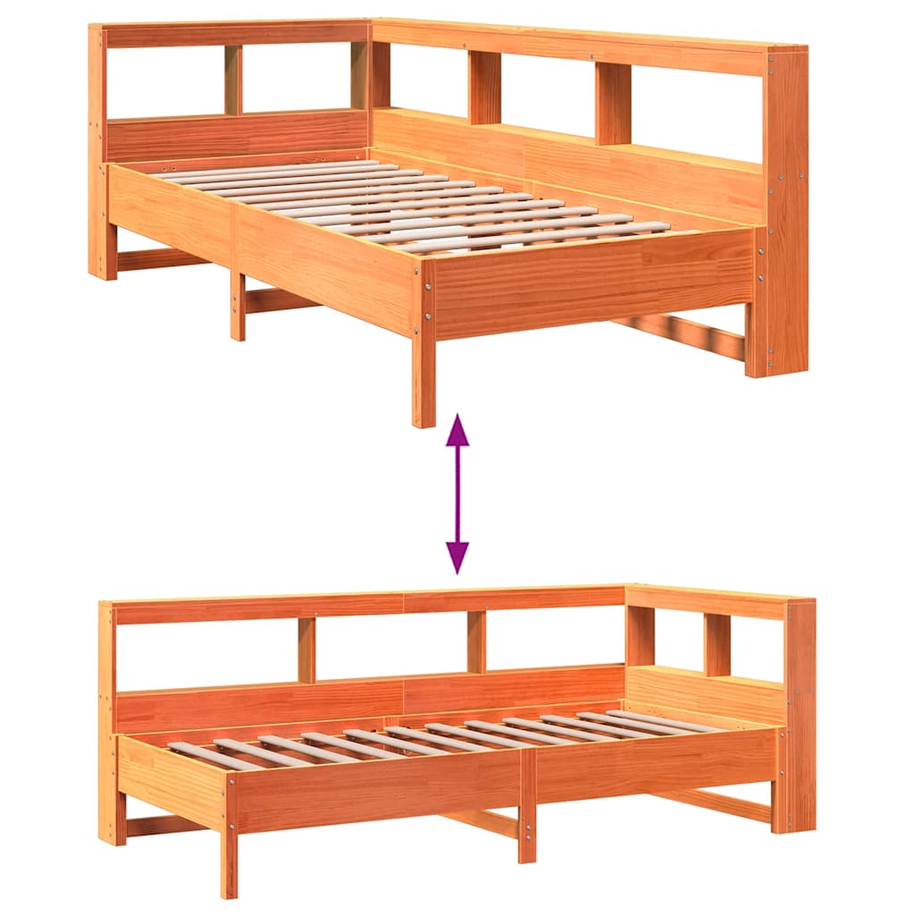 Bed met boekenkast zonder matras grenenhout wasbruin 90x190 cm