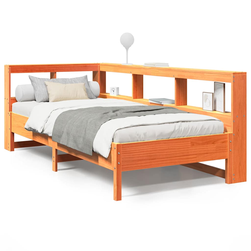 Bed met boekenkast zonder matras grenenhout wasbruin 75x190 cm