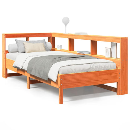 Bed met boekenkast zonder matras grenenhout wasbruin 75x190 cm