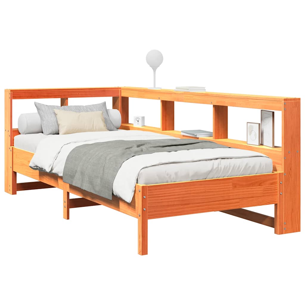 Bed met boekenkast zonder matras grenenhout wasbruin 75x190 cm