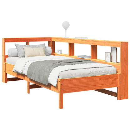 Bed met boekenkast zonder matras grenenhout wasbruin 75x190 cm