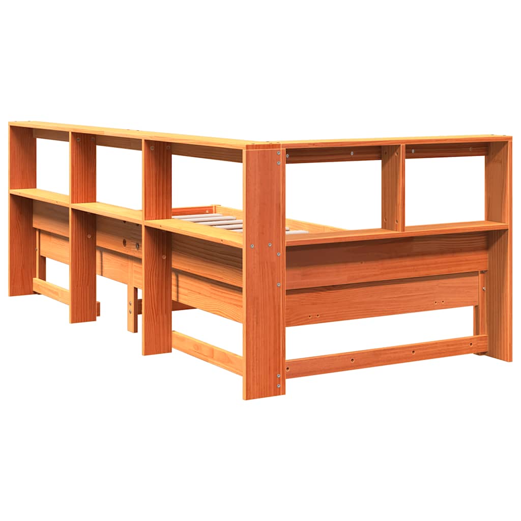Bed met boekenkast zonder matras grenenhout wasbruin 75x190 cm
