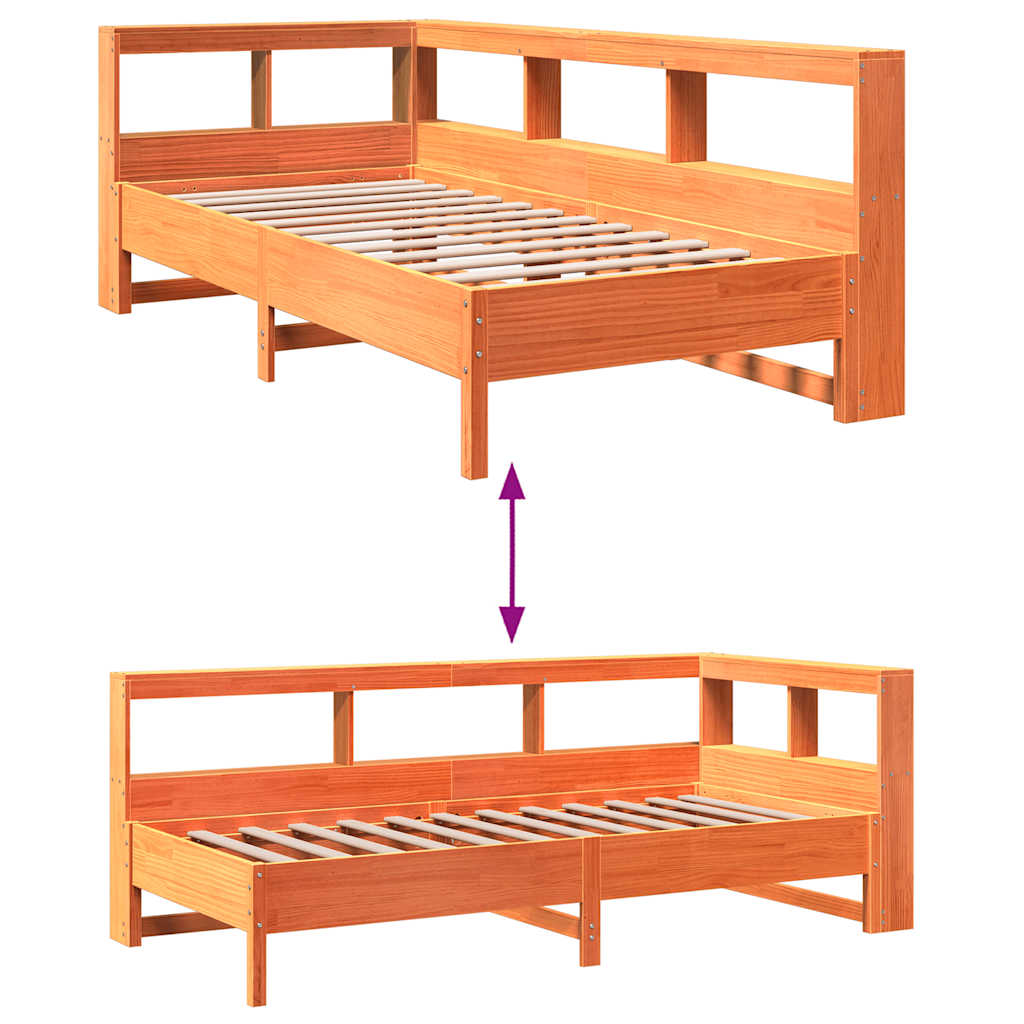 Bed met boekenkast zonder matras grenenhout wasbruin 75x190 cm