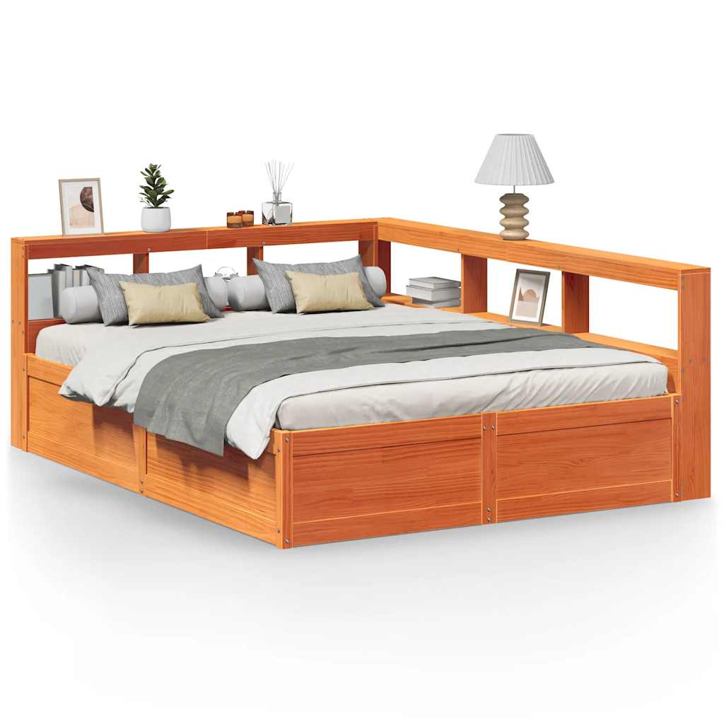 Bed met boekenkast zonder matras grenenhout wasbruin 160x200 cm