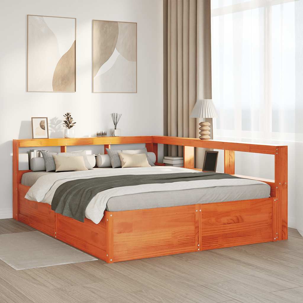 Bed met boekenkast zonder matras grenenhout wasbruin 160x200 cm