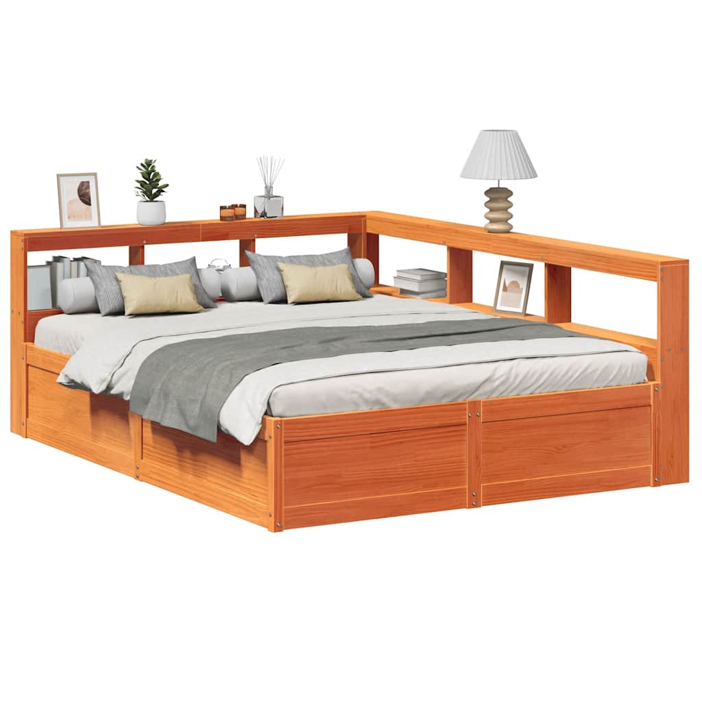 Bed met boekenkast zonder matras grenenhout wasbruin 160x200 cm